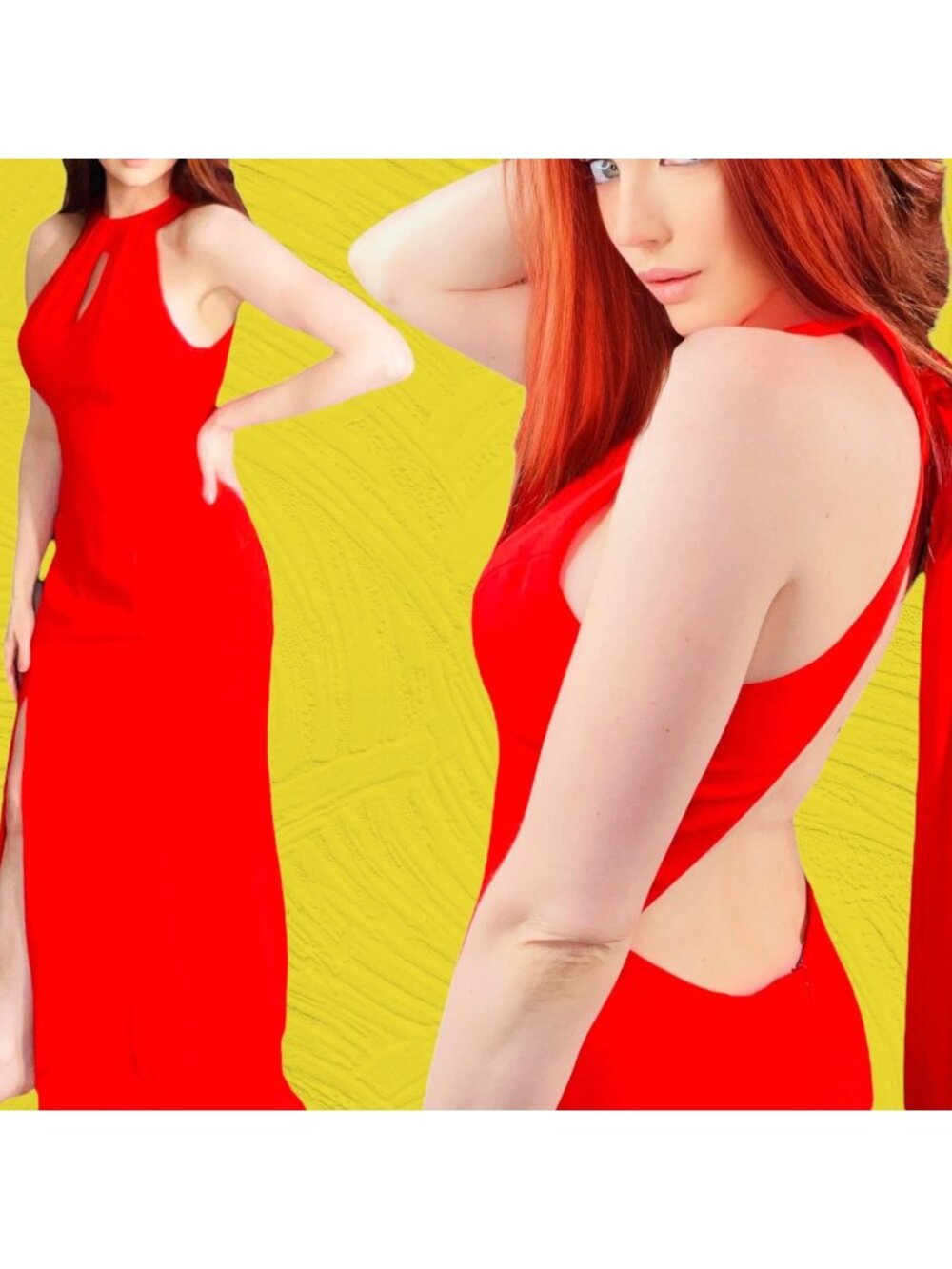 Terani Couture Red High Slit Halter Open Back Tie Bow Formal Gown / Prom Dress 0